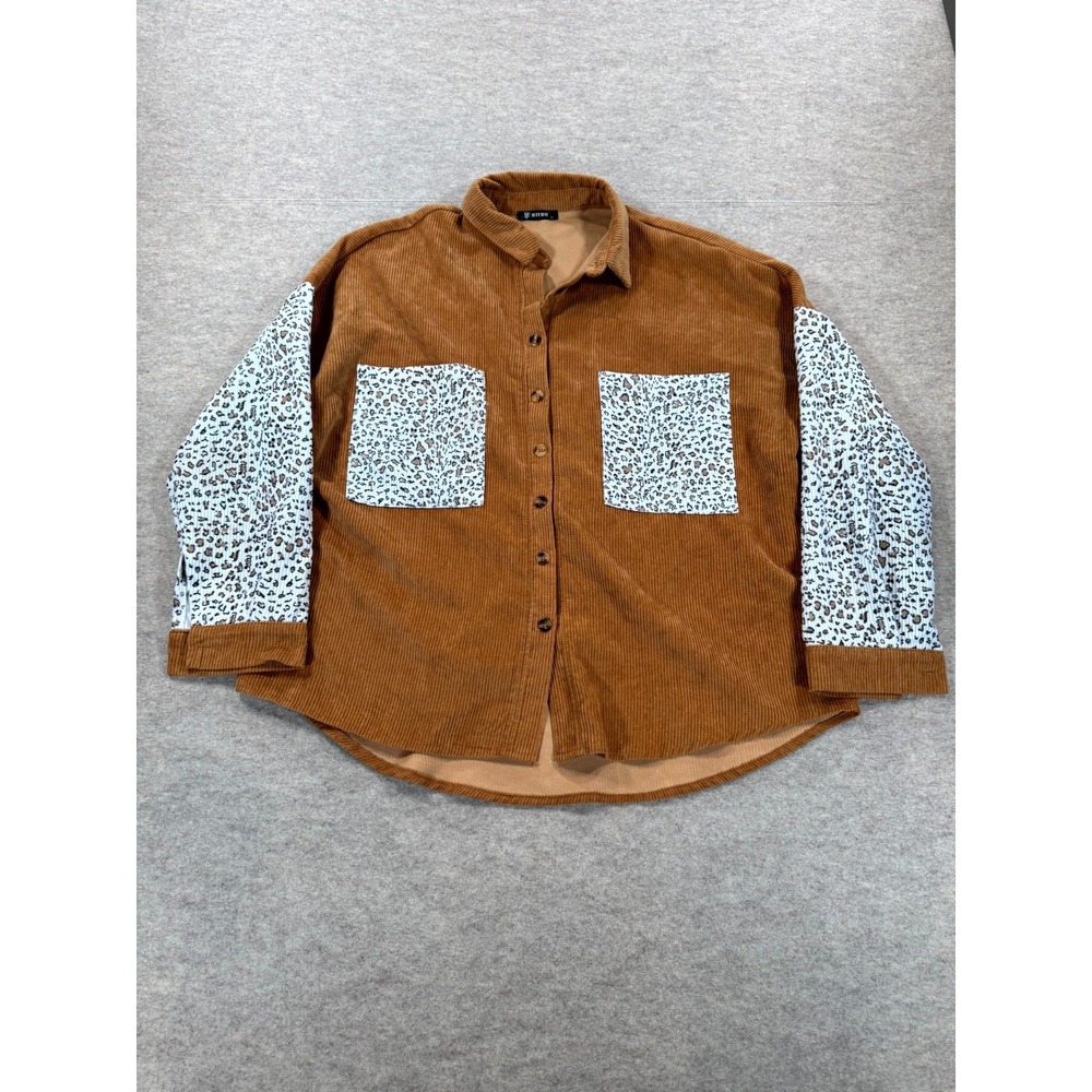 BTFBM Corduroy Shacket Womens XL Brown Leopard Back Box Curved Hem Button Front